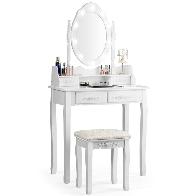Klassisches Schminktisch Set mit Hocker LED Leuchtmittel Kosmetiktisch 75 x 40 x 146 cm weiß