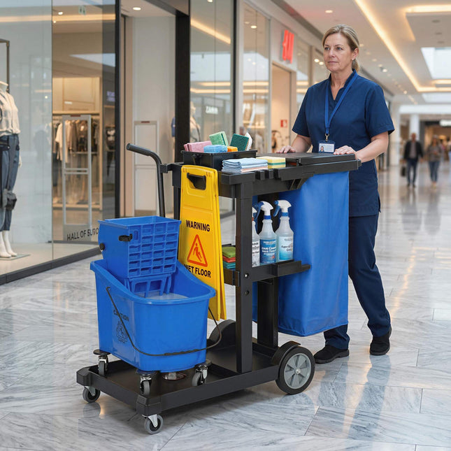 Reinigungswagen mit 3 Ablagen, 70L Sack, Moppeimer, Blau