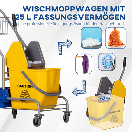 Putzwagen mit Presse, 25 l Fassungsvermögen, 4 Räder, Gelb