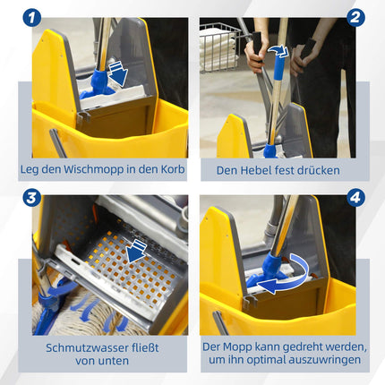 Putzwagen mit Presse, 25 l Fassungsvermögen, 4 Räder, Gelb
