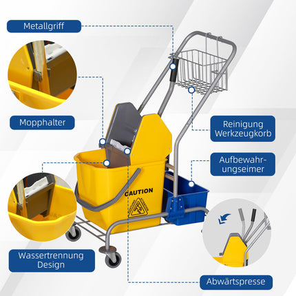 Putzwagen mit Presse, 25 l Fassungsvermögen, 4 Räder, Gelb