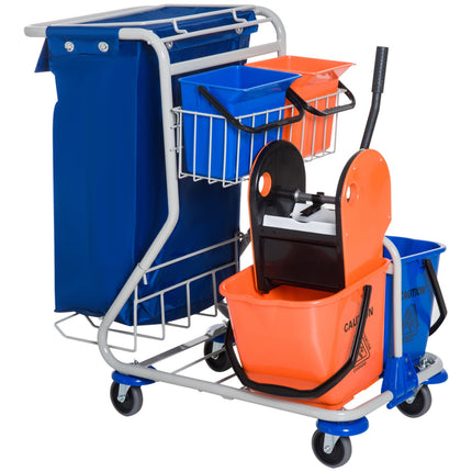 Putzwagen mit 4 Eimern und Rädern, blau/orange