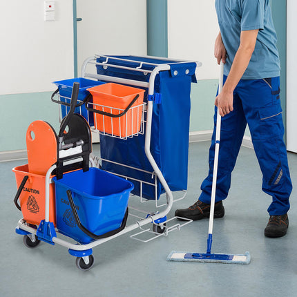 Putzwagen mit 4 Eimern und Rädern, blau/orange