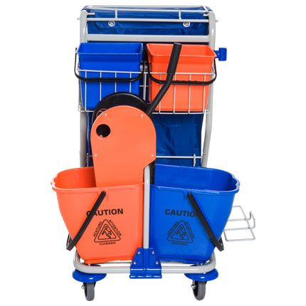 Putzwagen mit 4 Eimern und Rädern, blau/orange
