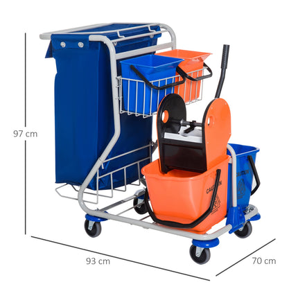 Putzwagen mit 4 Eimern und Rädern, blau/orange