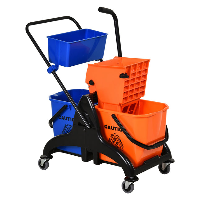 Chariot de nettoyage professionnel avec presse à mâchoires, 2 seaux et rangement, orange et bleu, Aosom