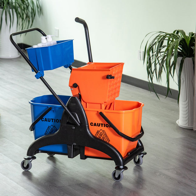 Chariot de nettoyage professionnel avec presse à mâchoires, 2 seaux et rangement, orange et bleu, Aosom