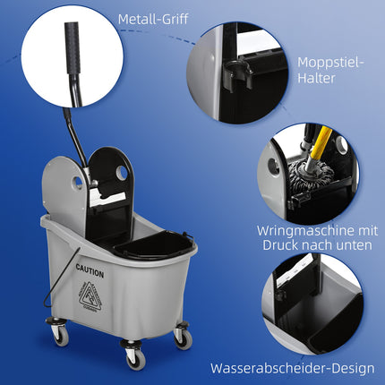 Chariot de nettoyage 36 litres, seau mobile, seau de nettoyage, chariot d'essuyage avec dispositif d'essorage, gris, 54 x 41 x 91,5 cm