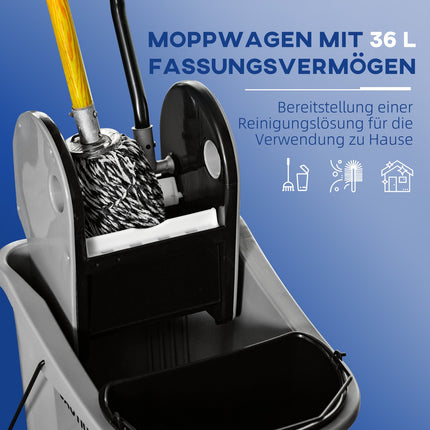 Chariot de nettoyage 36 litres, seau mobile, seau de nettoyage, chariot d'essuyage avec dispositif d'essorage, gris, 54 x 41 x 91,5 cm