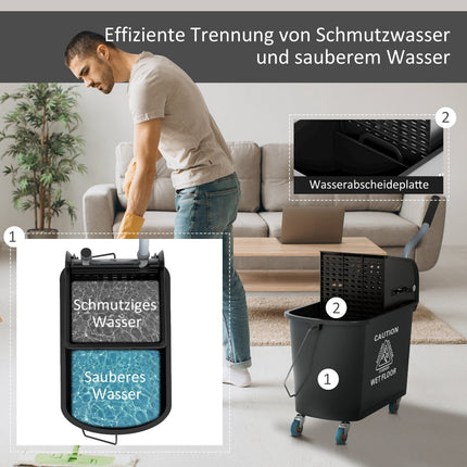 Reinigungswagen mit 20L Doppelkammereimern - Schwarz