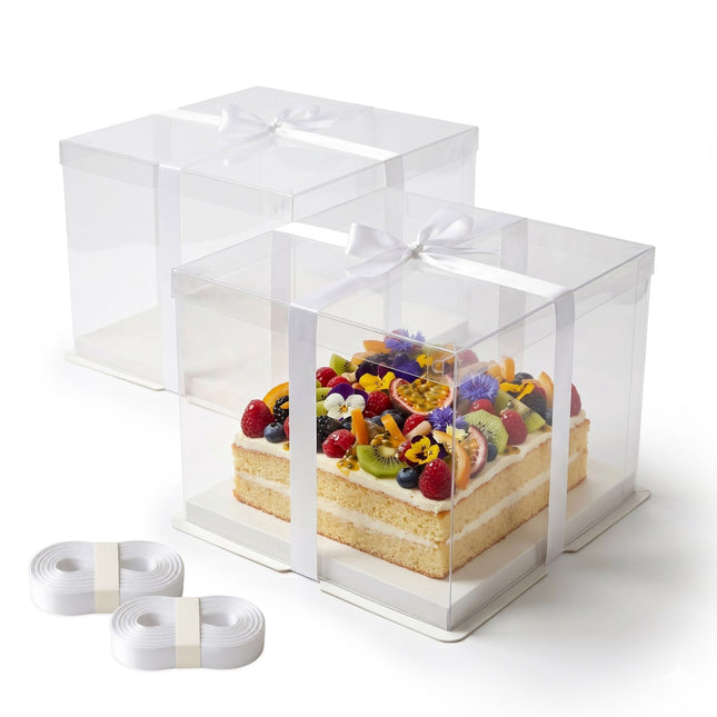 Klare Tortenboxen, 2er-Set mit Deckel und Satinband