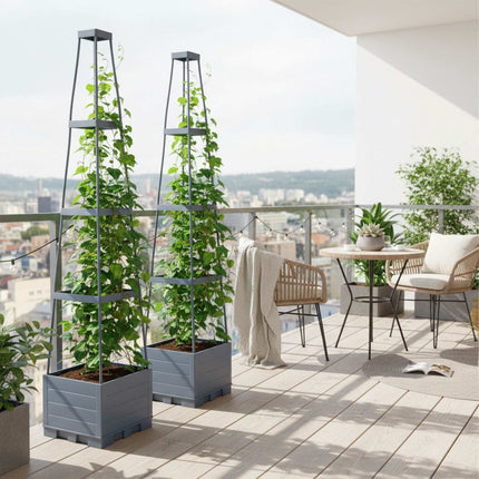 Climbing Plant Planter with Trellis and Water Reservoir, Set of 2, 145 cm, Grey