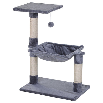 Gray cat tree with sisal scratching post and plush hammock