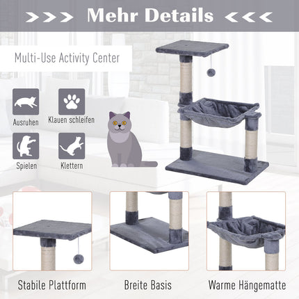 Gray cat tree with sisal scratching post and plush hammock