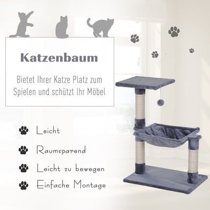 Gray cat tree with sisal scratching post and plush hammock