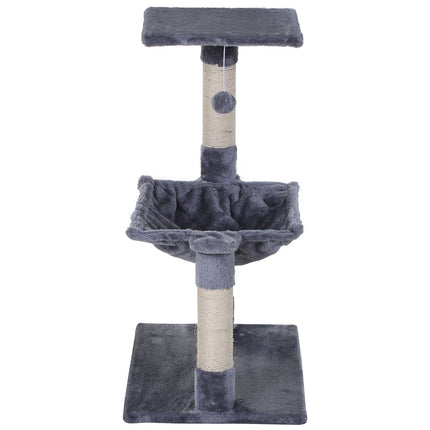 Gray cat tree with sisal scratching post and plush hammock