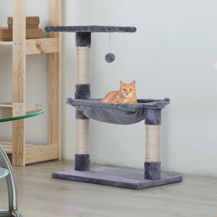 Gray cat tree with sisal scratching post and plush hammock