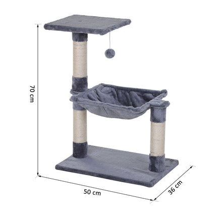 Gray cat tree with sisal scratching post and plush hammock