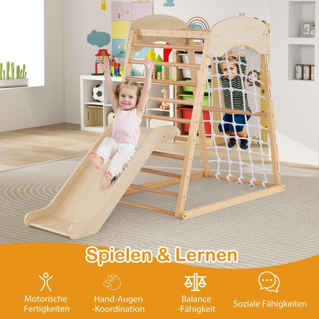 Klettergerüst Indoor 6 in 1 Klimmzugstange &amp; Rutsche &amp; Kletterfelsen &amp; Kletternetz Natur