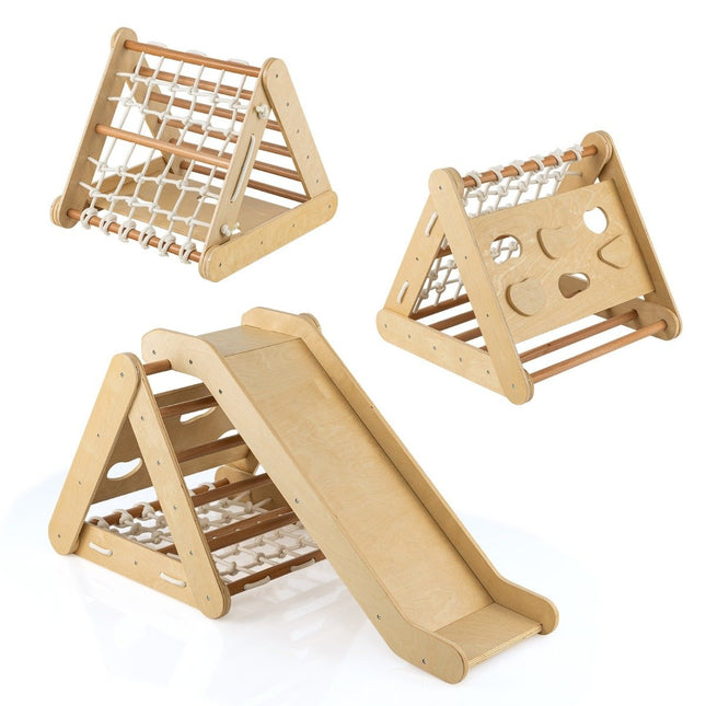 Kletterspielzeug für Kleinkinder Dreieckiges 4-in-1 Klettergerüst mit Rampe Natur