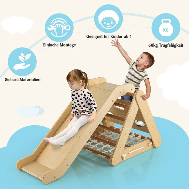Kletterspielzeug für Kleinkinder Dreieckiges 4-in-1 Klettergerüst mit Rampe Natur