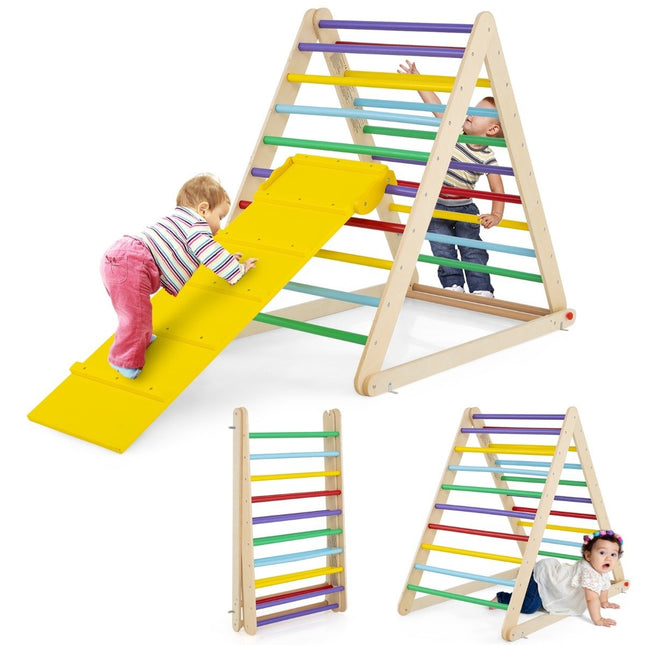 Kletterdreieck mit Leiter. Klappbares Klettergerüst. Sprossendreieck für die Entwicklung. Bunt