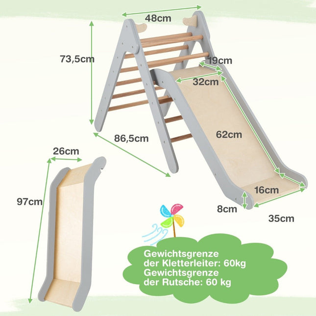 Kletterdreieck mit Rutsche Klettergerüst aus Holz Dreieckstangen zum Rutschen und Klettern Grau