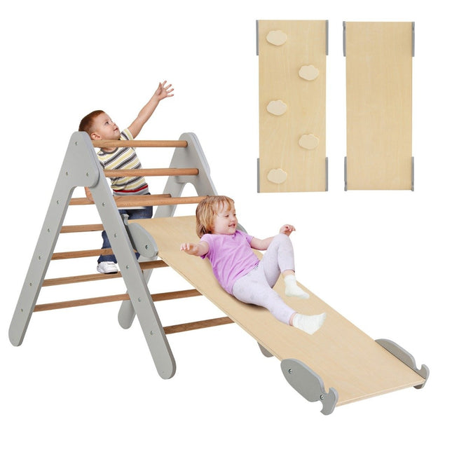Kletterdreieck mit Rutsche, Klettergerüst Indoor ab 1 Jahr, Sprossendreieck Kletterrampe aus Holz, Grau