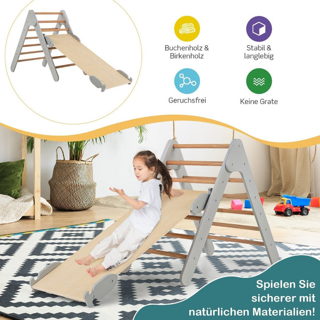 Kletterdreieck mit Rutsche, Klettergerüst Indoor ab 1 Jahr, Sprossendreieck Kletterrampe aus Holz, Grau