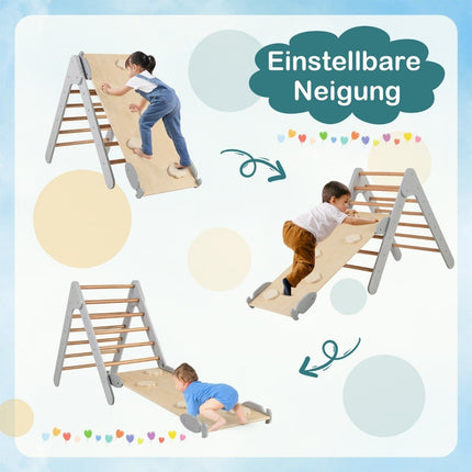Klimdriehoek met glijbaan, klimrek, binnen vanaf 1 jaar, sportdriehoek klimhelling van hout, grijs