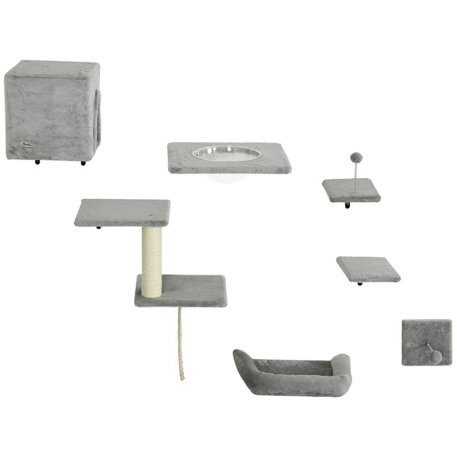 Katzenkletterwand 7-teiliges Katzen-Kletterwand-Set mit Katzenhaus, Plattform, Plattform grau