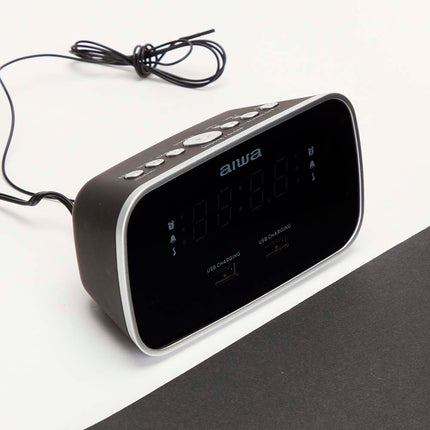 Rádiobudík se dvěma budíky a USB nabíjením – černá