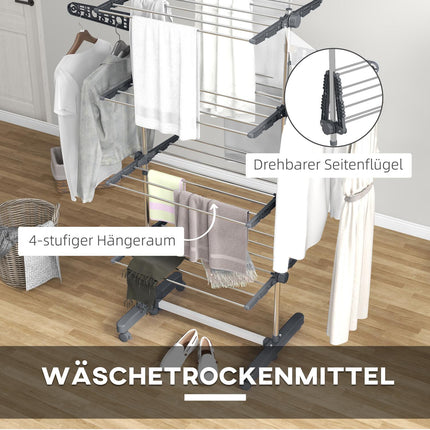 Wäscheständer aus Stahl, klappbarer Flügeltrockner Turm mit Rollen