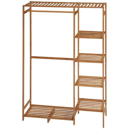 Bamboo clothes hanger with rail and shelf, natural wood