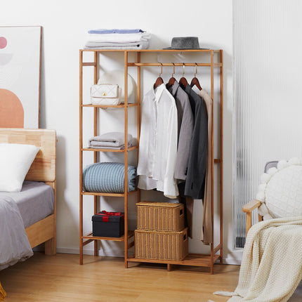 Bamboo clothes hanger with rail and shelf, natural wood
