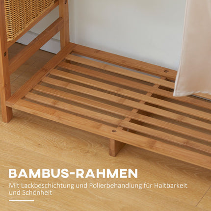 Bamboo clothes hanger with rail and shelf, natural wood