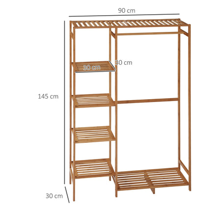 Bamboo clothes hanger with rail and shelf, natural wood