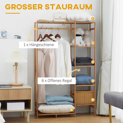Bamboo clothes hanger with rail and shelf, natural wood