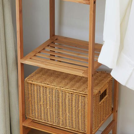 Bamboo clothes hanger with rail and shelf, natural wood