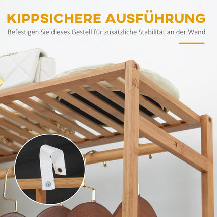 Bamboo clothes hanger with rail and shelf, natural wood