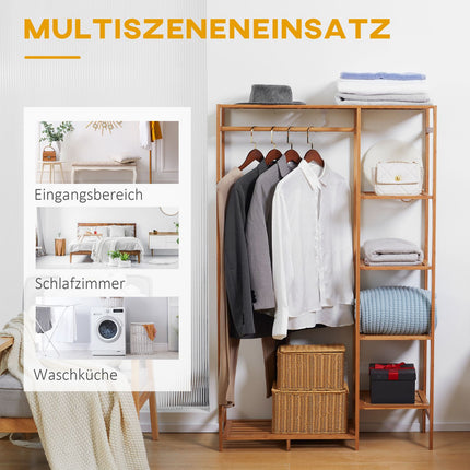 Bamboo clothes hanger with rail and shelf, natural wood