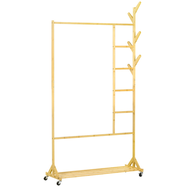 Bamboo clothes rack on wheels with shelf and hooks