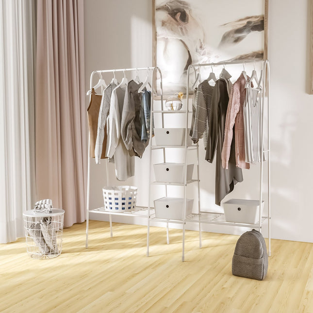 Freestanding coat rack in steel with shoe storage, white