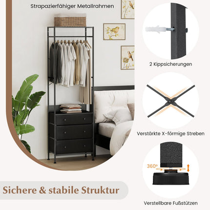 Clothes Rack with Drawers & Adjustable Rod – Black
