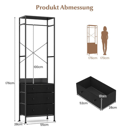 Clothes Rack with Drawers & Adjustable Rod – Black