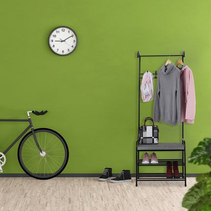 Clothes hanger with shoe shelf and bench