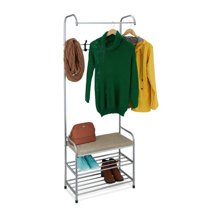 Clothes hanger with shoe shelf and bench