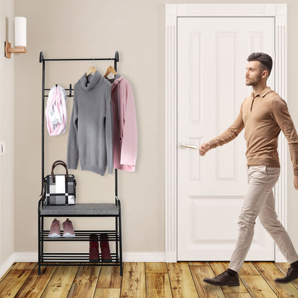 Clothes hanger with shoe shelf and bench