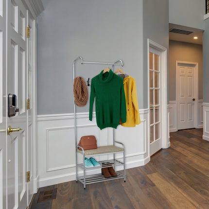Clothes hanger with shoe shelf and bench