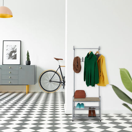 Clothes hanger with shoe shelf and bench